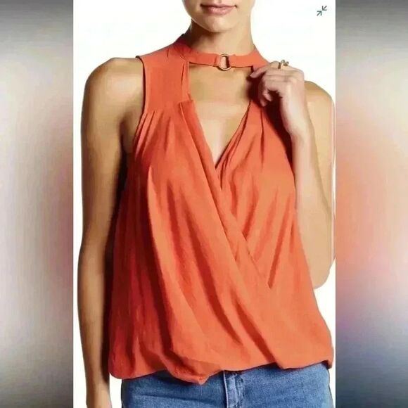 Free People Orange/Red Women's Size Medium Choker Faux-Wrap Blouse - Picture 1 of 6